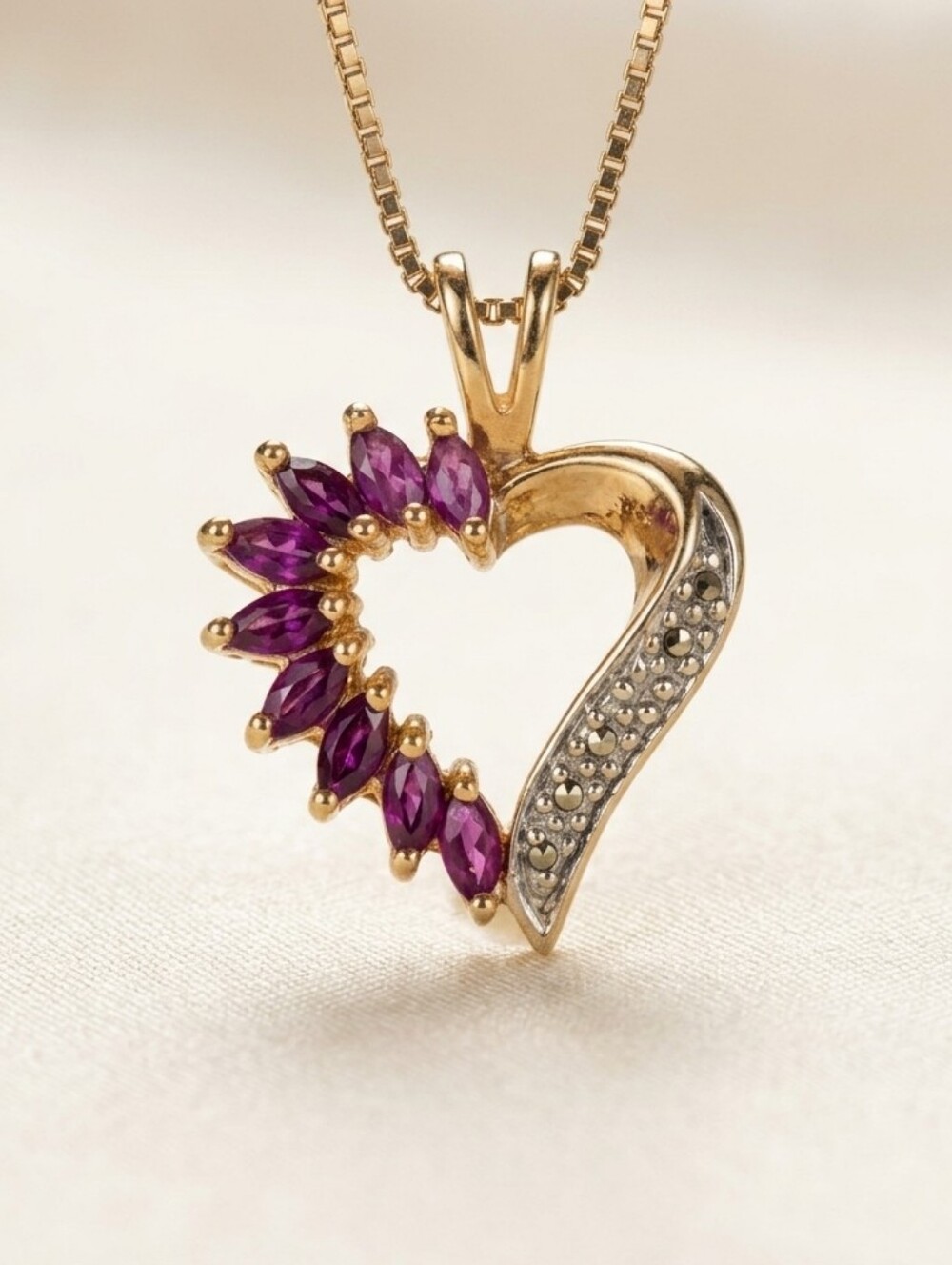 🌙PAJ 925 Gold Vermeil Amethyst Open Heart Pendant Necklace Italy Box Chain